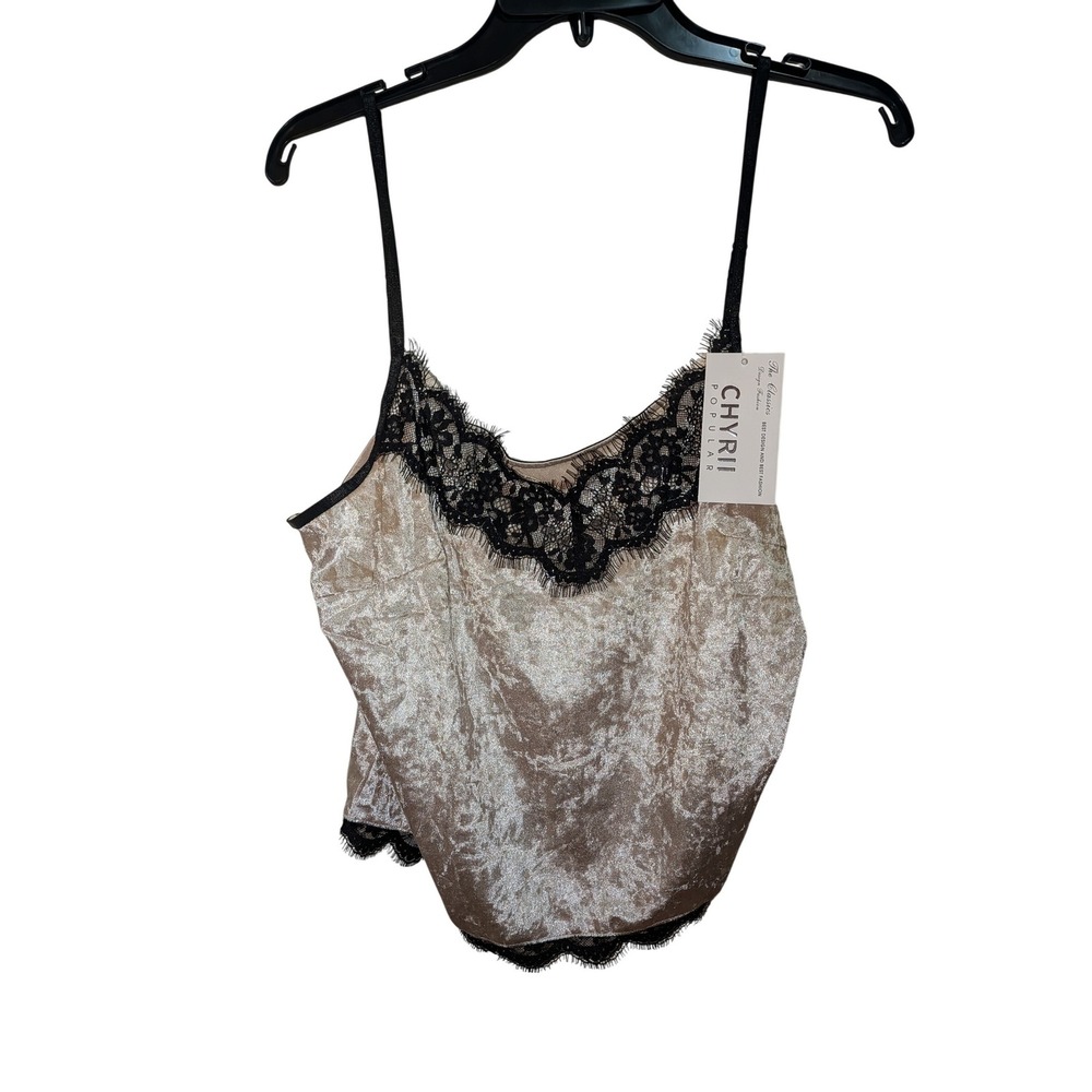 Chyrii Womens Crushed Velvet Pajama Set Champagne Gold Lace Trim Cami and Shorts